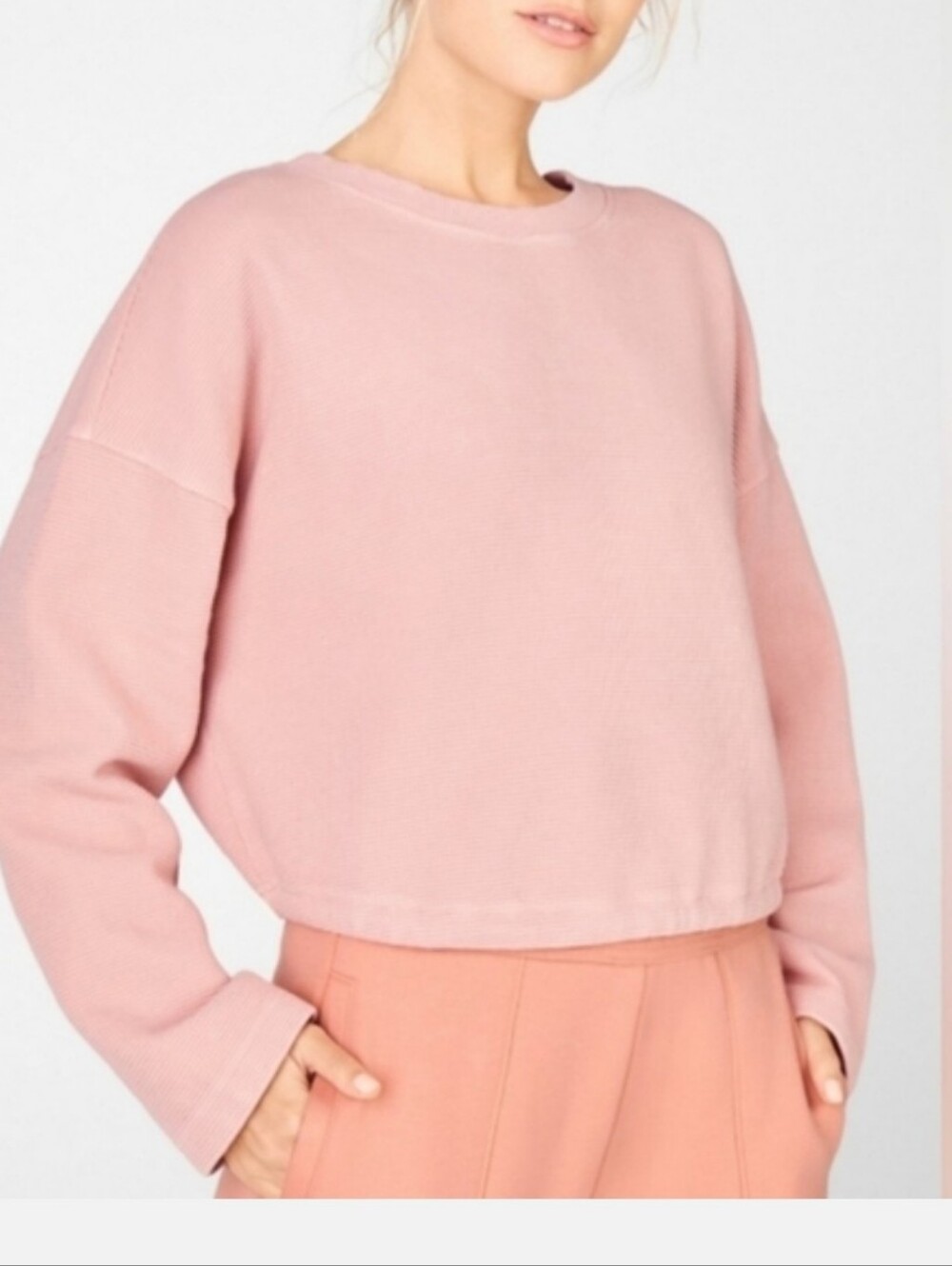 Fabletics Sweater Top Women's Relaxed Crewneck Peach Pink Tie Back Sweatshirt